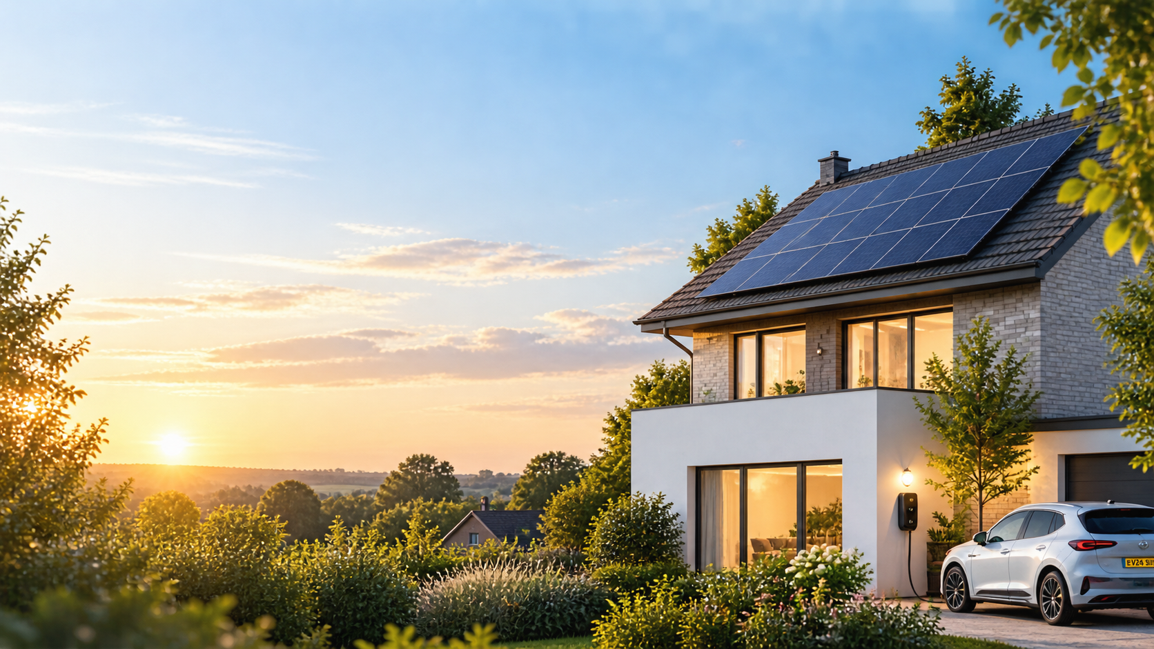 A solar-powered home with rooftop panels and an electric car at sunset